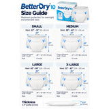 BetterDry 10 size guide: waist ranges, product dimensions, pack count and 0.3 inch thickness for Small, Medium, Large and X-Large.