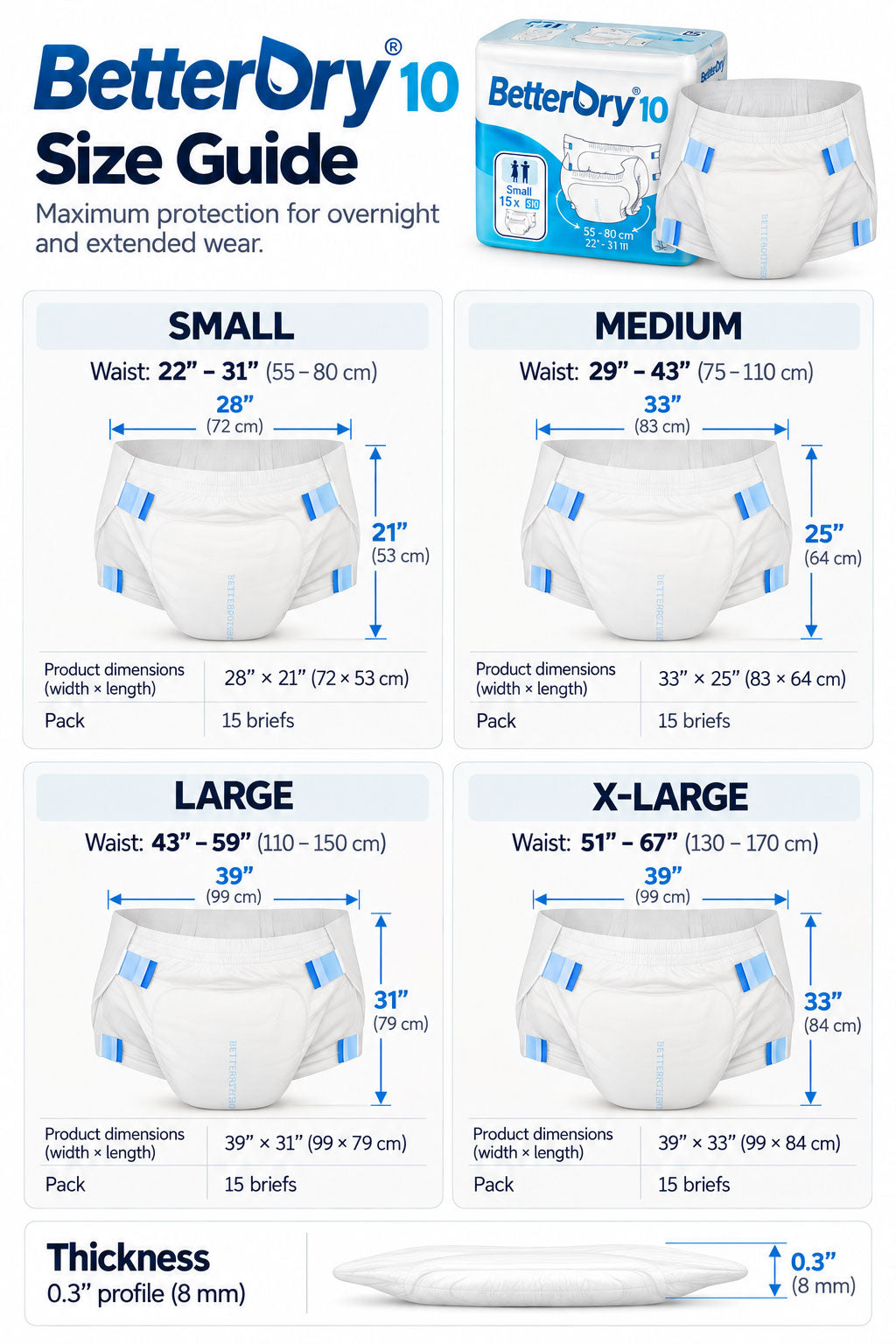 BetterDry 10 size guide: waist ranges, product dimensions, pack count and 0.3 inch thickness for Small, Medium, Large and X-Large.