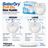 BetterDry Pull-On size guide: hip ranges, product dimensions, absorbency figures and 0.4 inch thickness for Medium and Large.