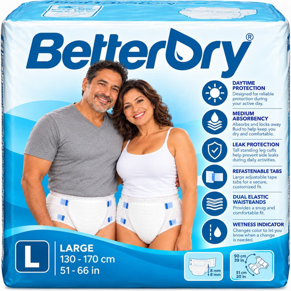A large package of BetterDry adult incontinence pads, size Large, featuring a blue and white design with a photo of a smiling couple wearing the pads. The package highlights key features like daytime protection, medium absorbency, leak protection, and refastenable tabs.
