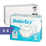 BetterDry extra large adult diapers. The image indicates that there are 4 polybags to a case.