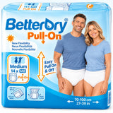 A package of BetterDry Pull-On medium size pull-on diapers, featuring a blue and white packaging design with a photo of a smiling couple wearing the diapers. The package highlights features like 'New Flexibility', 'Easy Pull On & Off', and size 'Medium 14 x M8'.