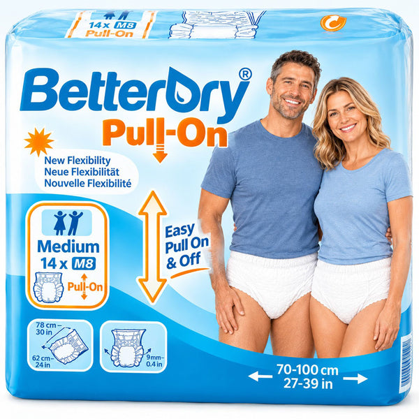 A package of BetterDry Pull-On medium size pull-on diapers, featuring a blue and white packaging design with a photo of a smiling couple wearing the diapers. The package highlights features like 'New Flexibility', 'Easy Pull On & Off', and size 'Medium 14 x M8'.