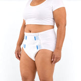 Close-up of an adult brief on a woman showing elastic waistband and four fastening tabs