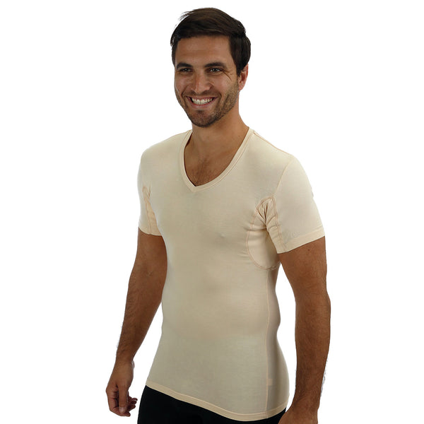 Men's Slim Fit V-Neck Tencel/Spandex Luxury Undershirt With Absorbent, Sweat-Proof, Enlarged, Sewn-In, Underarm Shields Style #BSM04 - kleinerts.com